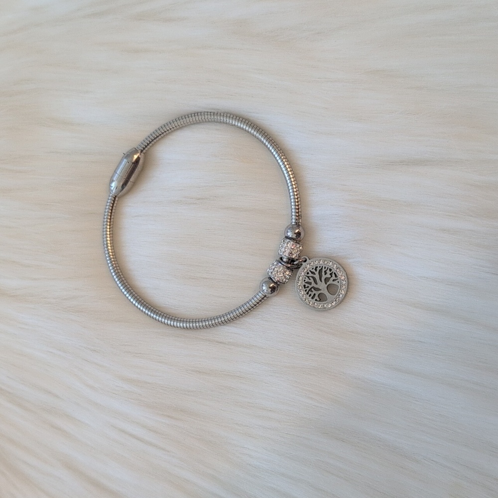 Tree of Life dainty silver bracelet with faux diamonds. Magnetic closure.